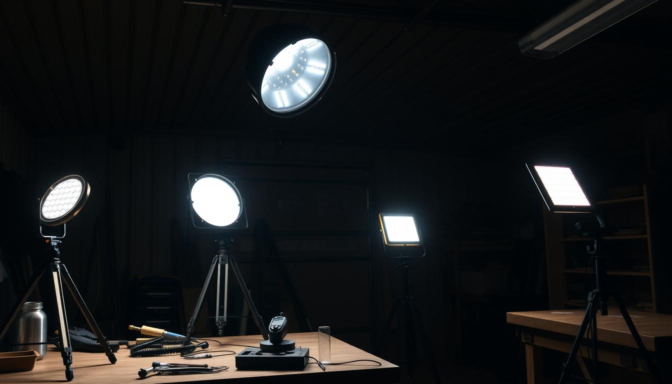 Various types of worklights illuminating a workshop environment