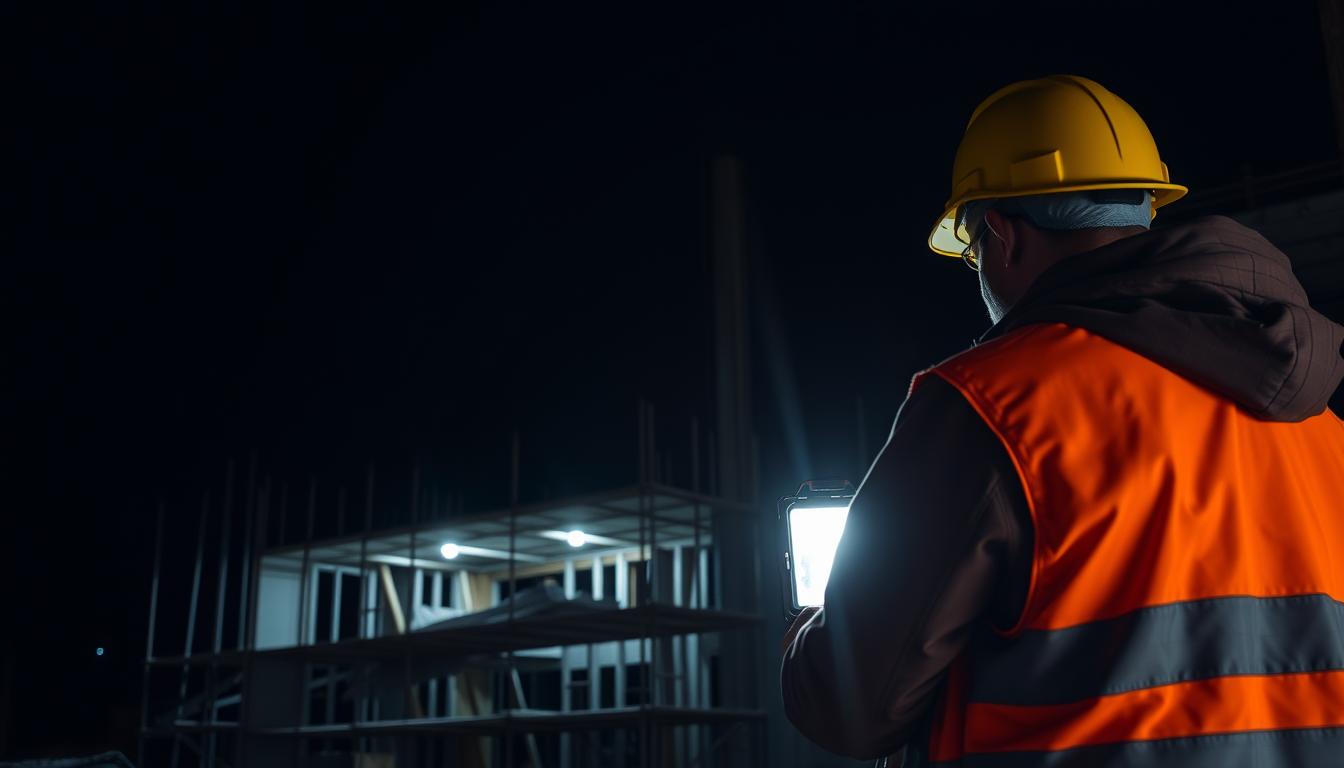 Construction worker using a portable worklight on a nighttime construction site